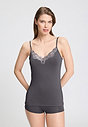 Front view of a women model wearing HA boulevard modal/viscose/tencel Spaghetti Top