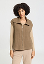 Front view of a women model wearing HA suede camel cotton Zippered vest