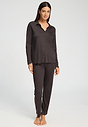 Full-body view of a women model wearing HA dark mocha modal/viscose/tencel L/SLV Shirt