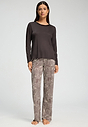 Full-body view of a women model wearing HA dark mocha modal/viscose/tencel L/SLV Shirt