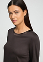 Close-up view of a women model wearing HA dark mocha modal/viscose/tencel L/SLV Shirt