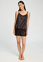 Full-body view of a women model wearing HA dark mocha silk Spaghetti Top