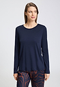 Front view of a women model wearing HA deep navy cotton L/SLV Shirt