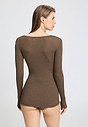 Back view of a women model wearing HA natural teak wool L/SLV Shirt