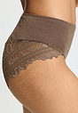 Close-up view of a women model wearing HA natural teak wool Maxi Briefs