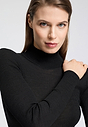 Close-up view of a women model wearing HA phantom wool Turtle-Neck Shirt