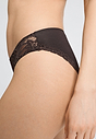 Close-up view of a women model wearing HA dark mocha microfibre Mini Briefs
