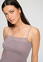 Close-up view of a women model wearing HA stormy rose cotton Spaghetti Top