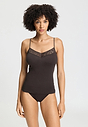 Front view of a women model wearing HA dark mocha cotton Spaghetti Top