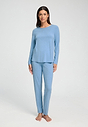 Full-body view of a women model wearing HA bluebird melange modal/viscose/tencel L/SLV Pajama