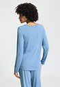 Back view of a women model wearing HA bluebird melange modal/viscose/tencel L/SLV Shirt