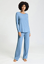 Full-body view of a women model wearing HA bluebird melange modal/viscose/tencel L/SLV Shirt
