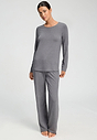 Full-body view of a women model wearing HA stone melange modal/viscose/tencel L/SLV Shirt