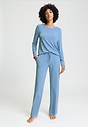 Full-body view of a women model wearing HA bluebird melange modal/viscose/tencel Long Pants