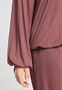 Close-up view of a women model wearing HA apple butter modal/viscose/tencel L/SLV Shirt