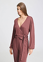 Front view of a women model wearing HA apple butter modal/viscose/tencel L/SLV Shirt