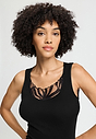 Close-up view of a women model wearing HA black cotton Tank Top