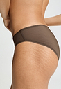 Close-up view of a women model wearing HA natural teak microfibre Mini Briefs