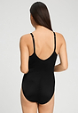 Back view of a women model wearing HA black microfibre Soft Bra Bodysuit