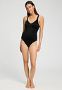 Full-body view of a women model wearing HA black microfibre Soft Bra Bodysuit