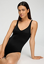 Close-up view of a women model wearing HA black microfibre Soft Bra Bodysuit