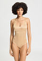 Front view of a women model wearing HA beige microfibre Soft Bra Bodysuit