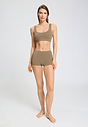 Full-body view of a women model wearing HA suede camel microfibre Crop Top