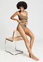 Full-body view of a women model wearing HA suede camel microfibre Midi Briefs