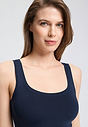 Close-up view of a women model wearing HA deep navy microfibre Tank Top