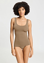 Front view of a women model wearing HA suede camel microfibre Tank Top