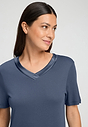 Close-up view of a women model wearing HA vintage indigo cotton S/SLV Nightdress 100cm