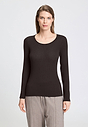 Front view of a women model wearing HA dark mocha modal/viscose/tencel L/SLV Shirt