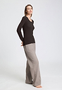 Full-body view of a women model wearing HA dark mocha modal/viscose/tencel L/SLV Shirt