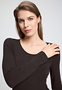 Close-up view of a women model wearing HA dark mocha modal/viscose/tencel L/SLV Shirt