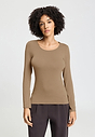 Front view of a women model wearing HA suede camel modal/viscose/tencel L/SLV Shirt