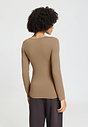 Back view of a women model wearing HA suede camel modal/viscose/tencel L/SLV Shirt