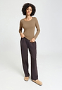 Full-body view of a women model wearing HA suede camel modal/viscose/tencel L/SLV Shirt