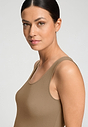 Close-up view of a women model wearing HA suede camel modal/viscose/tencel Tank Top