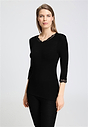 Front view of a women model wearing HA black wool 3/4 SLV Shirt