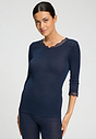 Front view of a women model wearing HA deep navy wool 3/4 SLV Shirt