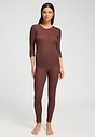 Full-body view of a women model wearing HA cinnamon wool 3/4 SLV Shirt