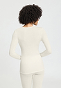 Back view of a women model wearing HA misty white wool L/SLV Shirt