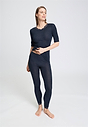 Full-body view of a women model wearing HA deep navy wool S/SLV Shirt