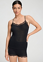 Front view of a women model wearing HA black wool Spaghetti Top