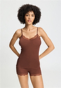 Front view of a women model wearing HA cinnamon wool Spaghetti Top