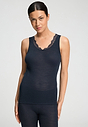Front view of a women model wearing HA deep navy wool Tank Top