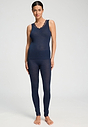 Full-body view of a women model wearing HA deep navy wool Tank Top