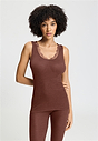 Front view of a women model wearing HA cinnamon wool Tank Top