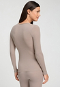 Back view of a women model wearing HA rose grey wool L/SLV Shirt