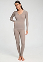 Full-body view of a women model wearing HA rose grey wool L/SLV Shirt